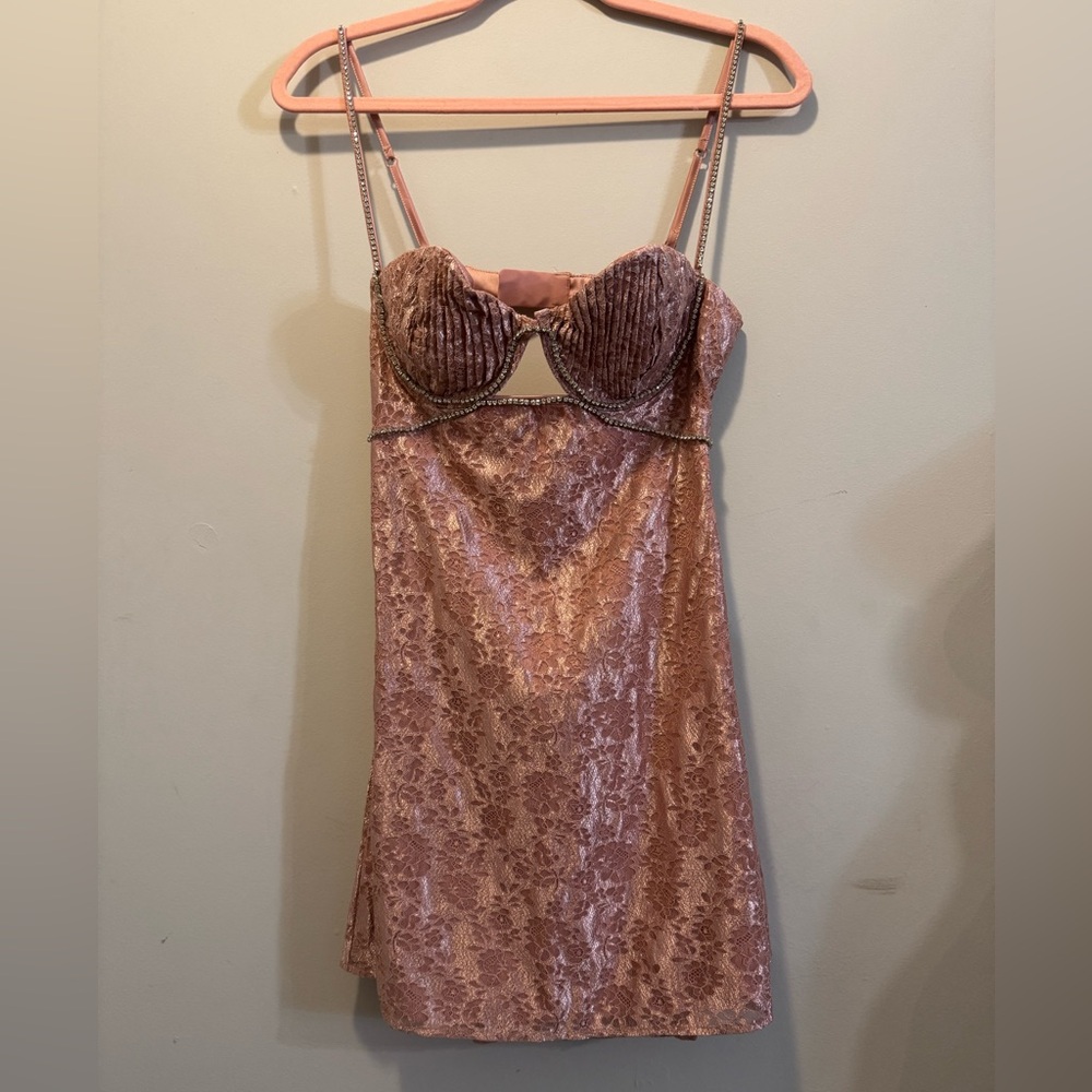 For Love And Lemons Rose Pink Velvet Lace Trim Mini Dress - Picture 5 of 9